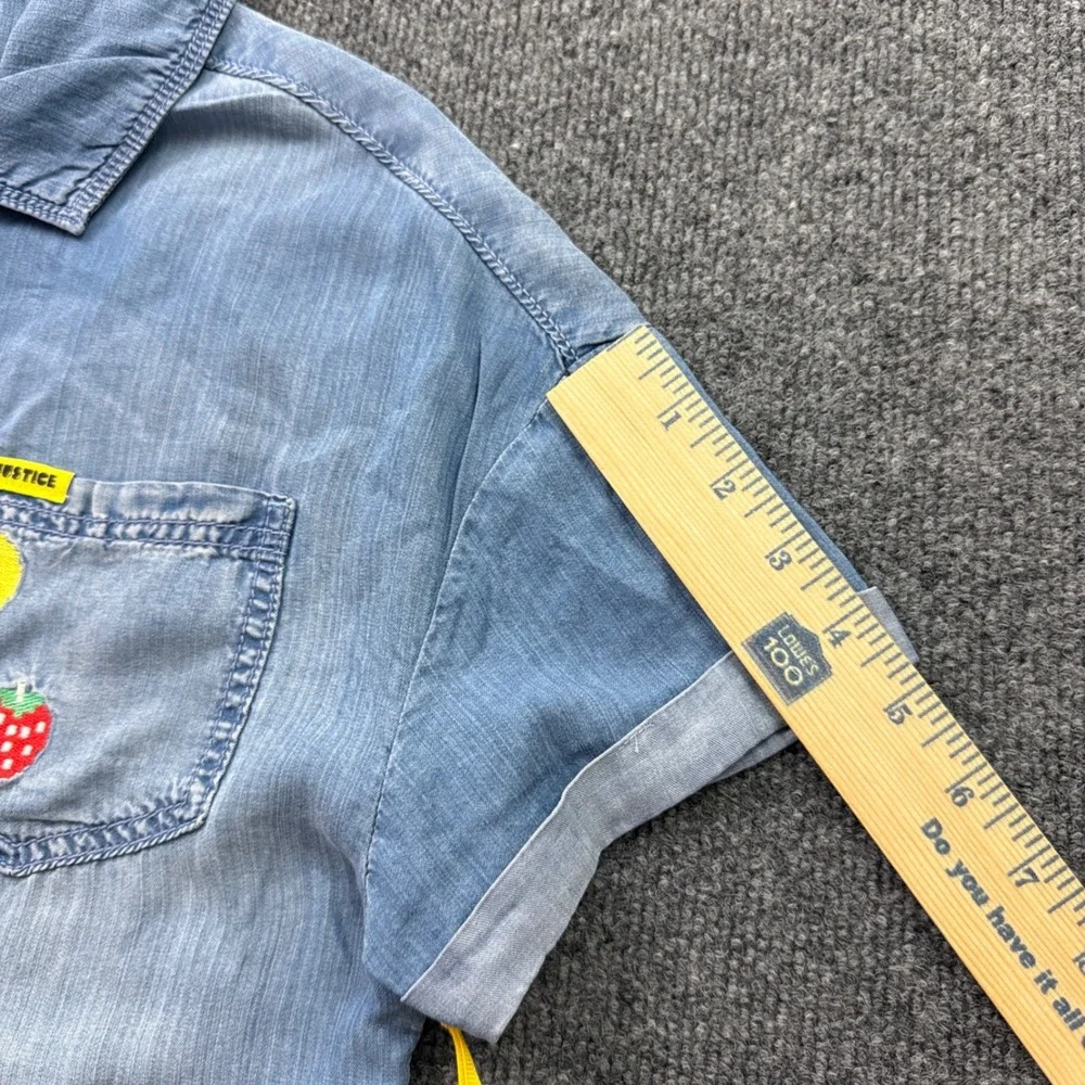 Justice Pac-Man Denim Shirt Girls Large 12/14 Embroidered Raw Hem Gamer Chambray